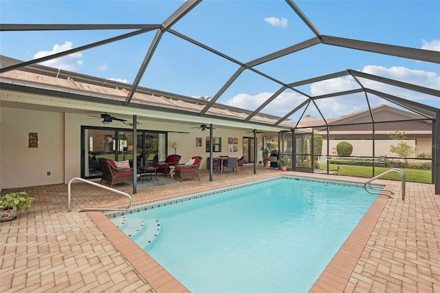 5283 Everwood Run, Sarasota, FL 34235 - swimming pool featuring ceiling fan, a patio, and a lanai
