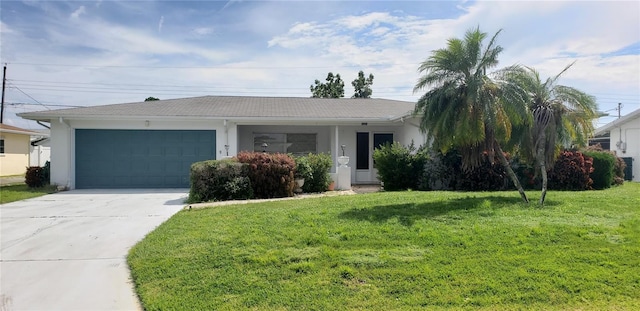4640 Orlando Cir, Bradenton, FL 34207 - ranch-style house featuring an attached garage, concrete driveway, a front lawn, and stucco siding
