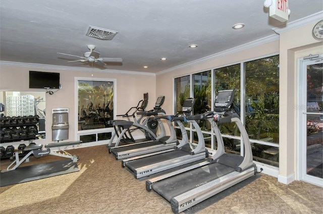 1036 W Peppertree Ln Unit 113B, Sarasota, FL 34242 - gym with carpet, a ceiling fan, recessed lighting, crown molding, and healthy amount of natural light