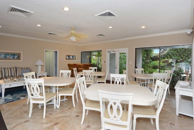 1036 W Peppertree Ln Unit 113B, Sarasota, FL 34242 - dining area with ornamental molding, a ceiling fan, and recessed lighting