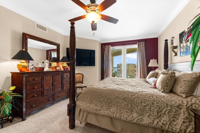 14041 Bellagio Way Unit 414, Osprey, FL 34229 - bedroom featuring light carpet, access to outside, crown molding, and a ceiling fan