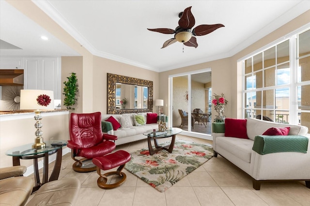 14041 Bellagio Way Unit 414, Osprey, FL 34229 - living area featuring ceiling fan, ornamental molding, light tile patterned floors, and recessed lighting