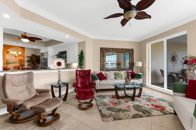 14041 Bellagio Way Unit 414, Osprey, FL 34229 - living room with ceiling fan, light tile patterned floors, a chandelier, ornamental molding, and recessed lighting