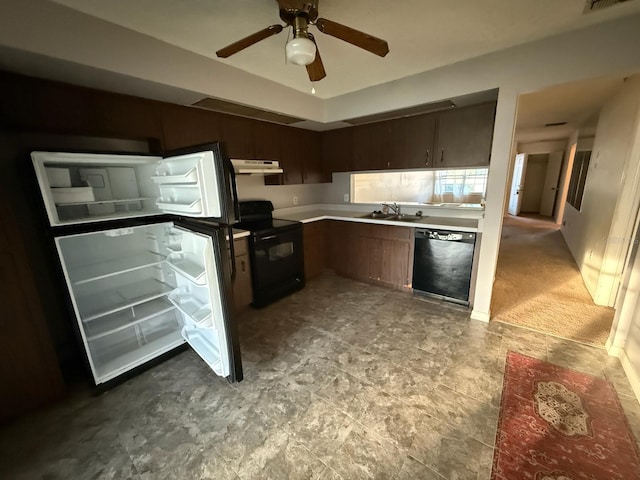 1264 Village Way, Orlando, FL 32807 - kitchen with black appliances, under cabinet range hood, light countertops, a ceiling fan, and dark brown cabinets