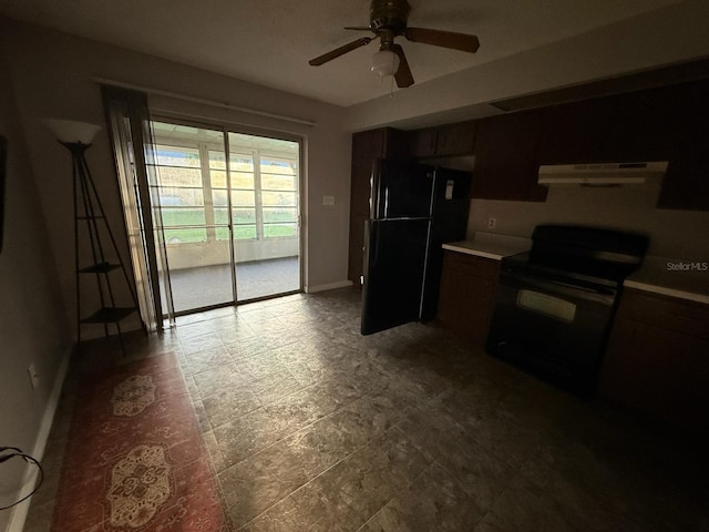 1264 Village Way, Orlando, FL 32807 - kitchen with black appliances, exhaust hood, ceiling fan, and light countertops