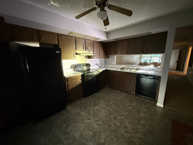 1264 Village Way, Orlando, FL 32807 - kitchen with black appliances, light countertops, under cabinet range hood, a textured ceiling, and ceiling fan