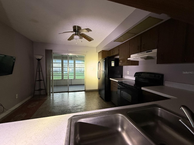 1264 Village Way, Orlando, FL 32807 - kitchen featuring black appliances, under cabinet range hood, a ceiling fan, and light countertops