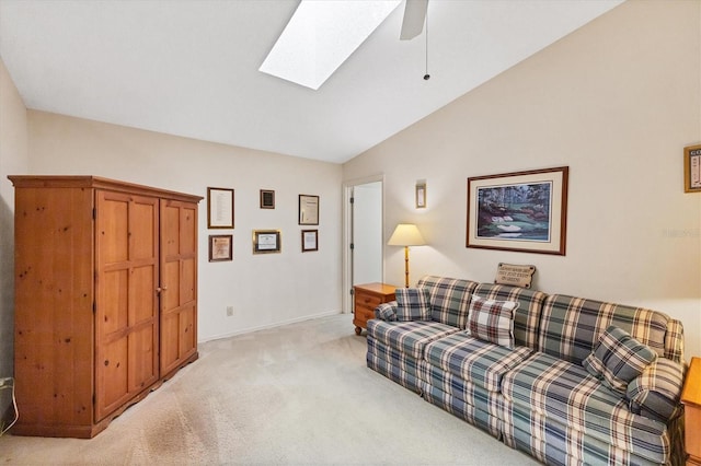 4001 Wilshire Cir E Unit 72, Sarasota, FL 34238 - living room featuring light carpet, a skylight, lofted ceiling, and ceiling fan