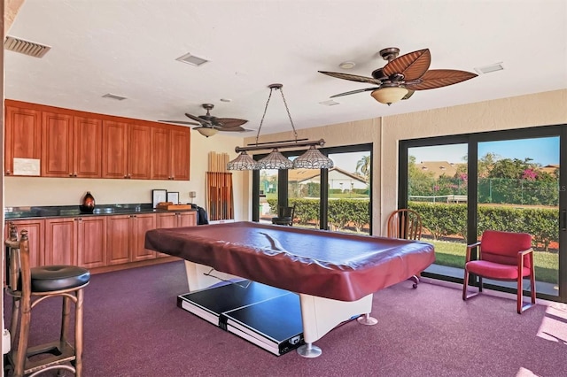 4001 Wilshire Cir E Unit 72, Sarasota, FL 34238 - playroom with dark colored carpet, a ceiling fan, pool table, and plenty of natural light
