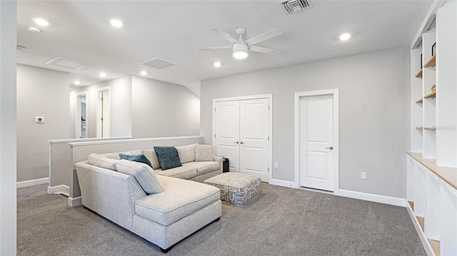 3431 Chestertown Loop, Bradenton, FL 34211 - living room with attic access, carpet floors, recessed lighting, and a ceiling fan