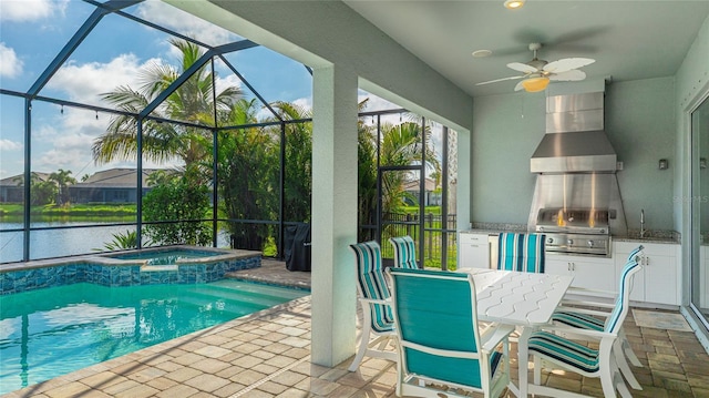 3431 Chestertown Loop, Bradenton, FL 34211 - view of pool featuring an outdoor kitchen, a patio, glass enclosure, and a ceiling fan