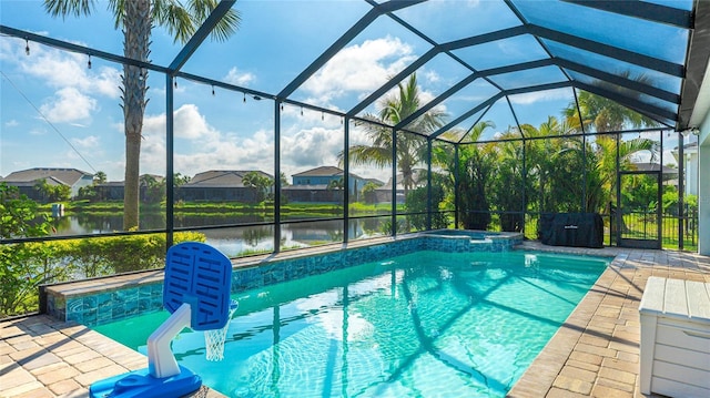 3431 Chestertown Loop, Bradenton, FL 34211 - view of pool with a water view, a lanai, a pool with connected hot tub, and a patio