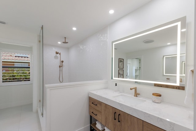 510 Putter Ln, Longboat Key, FL 34228 - bathroom with a walk in shower, vanity, recessed lighting, and tile patterned flooring