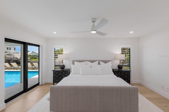 510 Putter Ln, Longboat Key, FL 34228 - bedroom with access to exterior, light wood finished floors, a ceiling fan, and recessed lighting