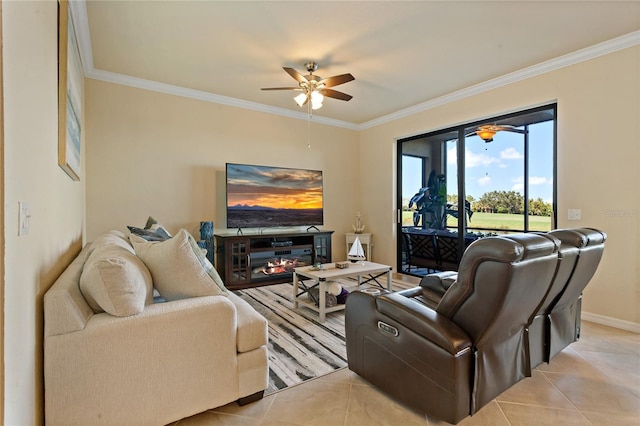 7121 River Hammock Dr Unit 102, Bradenton, FL 34212 - living room with light tile patterned floors, a ceiling fan, and ornamental molding