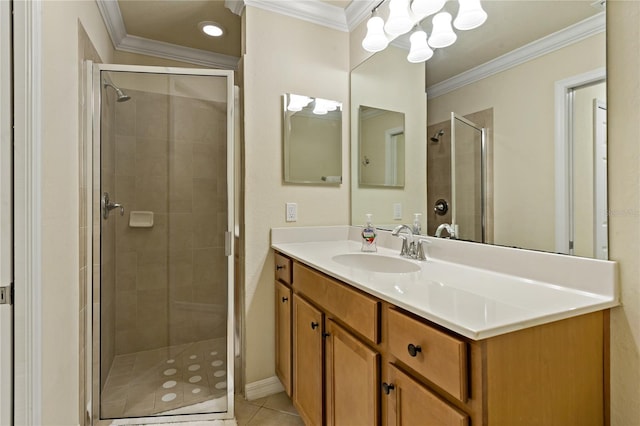 7121 River Hammock Dr Unit 102, Bradenton, FL 34212 - bathroom with vanity, a stall shower, tile patterned floors, crown molding, and a chandelier