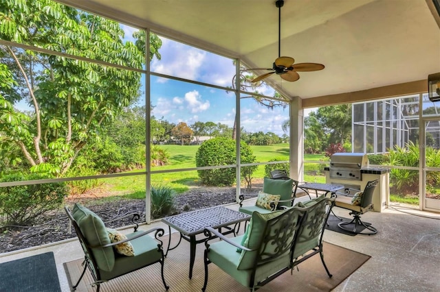 7960 Hampton Ct, University Park, FL 34201 - sunroom featuring ceiling fan, view of golf course, and lofted ceiling