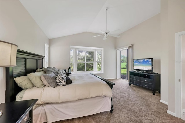 7960 Hampton Ct, University Park, FL 34201 - bedroom with vaulted ceiling, access to exterior, carpet flooring, and a ceiling fan