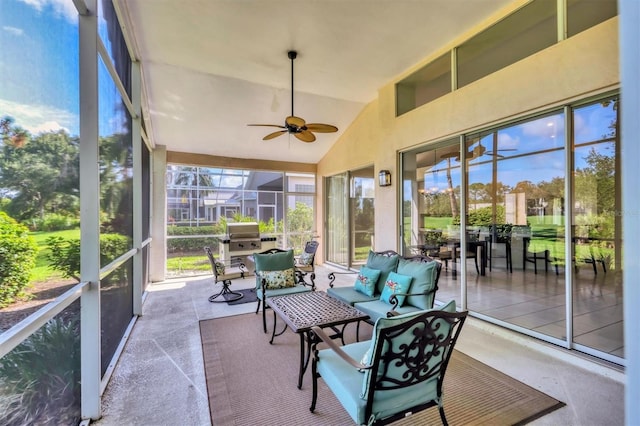 7960 Hampton Ct, University Park, FL 34201 - sunroom with ceiling fan, outdoor lounge area, and vaulted ceiling