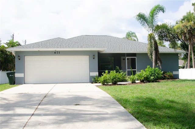 671 E Baffin Dr, Venice, FL 34293 - ranch-style home featuring a garage, a front yard, stucco siding, and concrete driveway