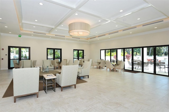 1485 Gulf Of Mexico Dr Unit 101, Longboat Key, FL 34228 - lobby featuring a towering ceiling, coffered ceiling, recessed lighting, and beam ceiling