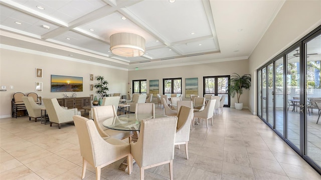 1485 Gulf Of Mexico Dr Unit 101, Longboat Key, FL 34228 - dining area with coffered ceiling, light tile patterned floors, a high ceiling, beam ceiling, and recessed lighting