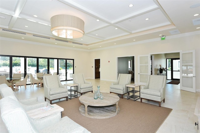 1485 Gulf Of Mexico Dr Unit 101, Longboat Key, FL 34228 - living area with a high ceiling, coffered ceiling, beamed ceiling, light tile patterned floors, and french doors