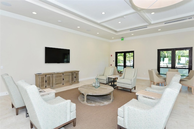1485 Gulf Of Mexico Dr Unit 101, Longboat Key, FL 34228 - living room featuring recessed lighting, a towering ceiling, beam ceiling, coffered ceiling, and french doors