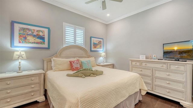 1114 Bearing Ct, Bradenton, FL 34208 - bedroom with dark wood finished floors, crown molding, and a ceiling fan