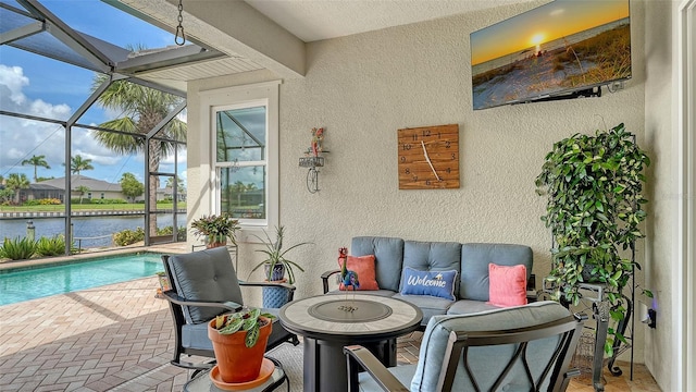 1114 Bearing Ct, Bradenton, FL 34208 - view of patio / terrace featuring an outdoor pool, outdoor lounge area, a water view, and glass enclosure