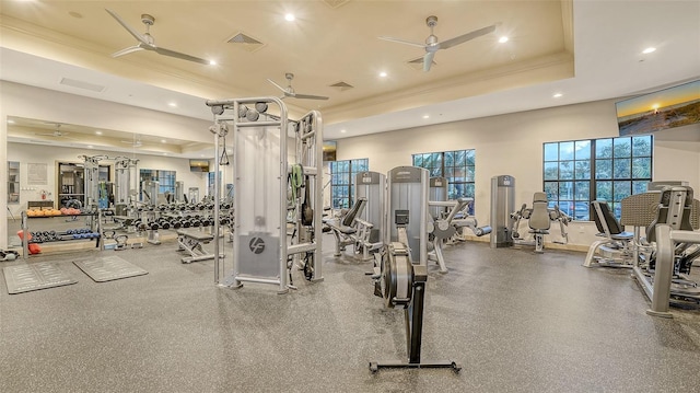 1114 Bearing Ct, Bradenton, FL 34208 - workout area with ceiling fan, a tray ceiling, recessed lighting, and crown molding