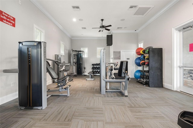 13829 Camden Crest Ter, Bradenton, FL 34211 - workout area featuring carpet, a ceiling fan, ornamental molding, and recessed lighting
