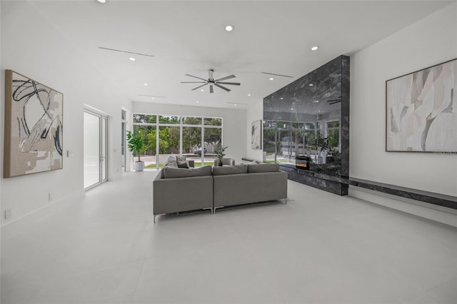 3500 Bay Shore Rd, Sarasota, FL 34234 - living room featuring recessed lighting, a ceiling fan, and concrete floors