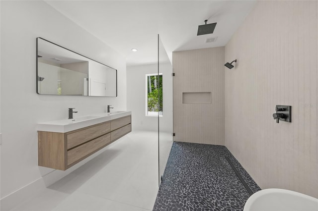 3500 Bay Shore Rd, Sarasota, FL 34234 - bathroom featuring tiled shower and double vanity