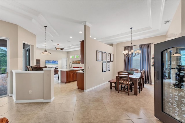 6305 Golden Eye Gln, Lakewood Ranch, FL 34202 - dining area featuring a chandelier, ceiling fan, light tile patterned flooring, and recessed lighting