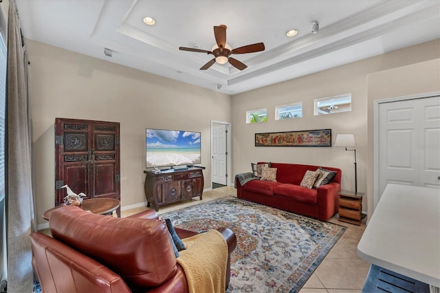 6305 Golden Eye Gln, Lakewood Ranch, FL 34202 - living room with ceiling fan, recessed lighting, a tray ceiling, and light tile patterned floors