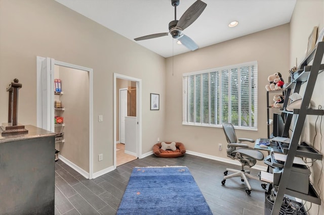 6305 Golden Eye Gln, Lakewood Ranch, FL 34202 - home office with a ceiling fan, dark wood finished floors, and recessed lighting
