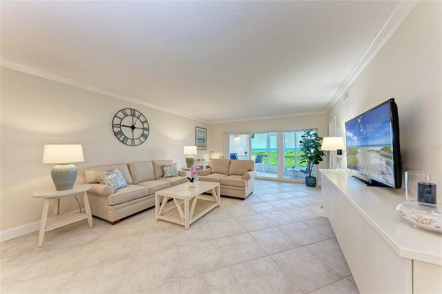 4805 Gulf Of Mexico Dr Unit 105, Longboat Key, FL 34228 - living room featuring ornamental molding and light tile patterned flooring