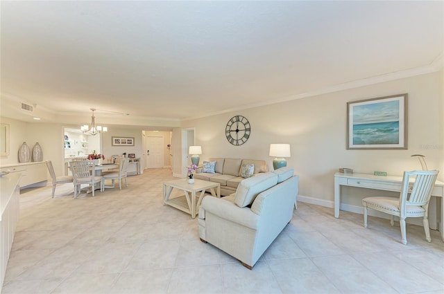 4805 Gulf Of Mexico Dr Unit 105, Longboat Key, FL 34228 - living area featuring a chandelier, ornamental molding, and light tile patterned floors