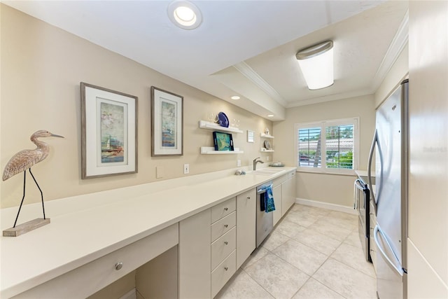 4805 Gulf Of Mexico Dr Unit 105, Longboat Key, FL 34228 - kitchen featuring stainless steel appliances, crown molding, white cabinetry, light tile patterned flooring, and open shelves