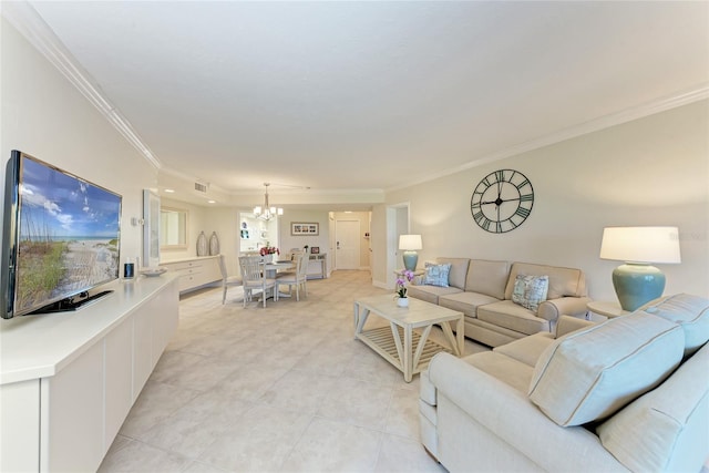 4805 Gulf Of Mexico Dr Unit 105, Longboat Key, FL 34228 - living area featuring crown molding, a chandelier, and light tile patterned floors