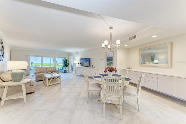4805 Gulf Of Mexico Dr Unit 105, Longboat Key, FL 34228 - dining room with crown molding, a chandelier, light tile patterned floors, and recessed lighting