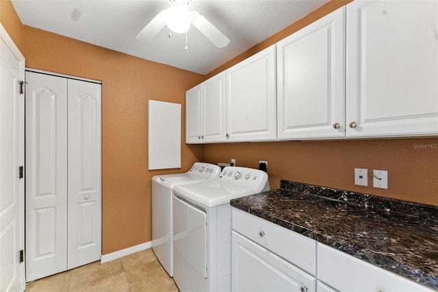 194 Sunset Rd, Rotonda West, FL 33947 - laundry area featuring cabinet space, washing machine and clothes dryer, a ceiling fan, and light tile patterned floors