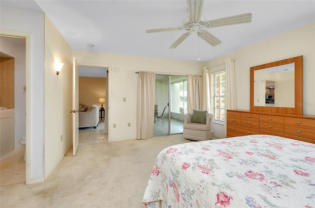 4339 Bowling Green Cir Unit 19, Sarasota, FL 34233 - bedroom with access to exterior, light colored carpet, and ceiling fan