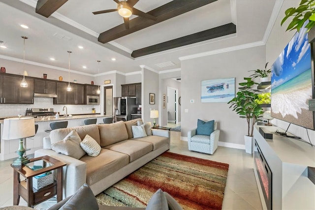 10347 Coastal Shores Dr, Parrish, FL 34219 - living room with a ceiling fan, light tile patterned floors, beamed ceiling, recessed lighting, and crown molding