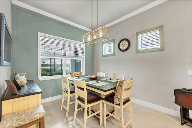 10347 Coastal Shores Dr, Parrish, FL 34219 - dining space with ornamental molding, light tile patterned floors, and a chandelier