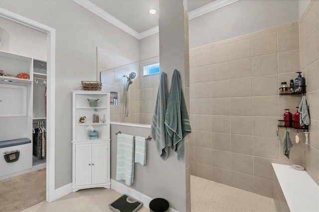 10347 Coastal Shores Dr, Parrish, FL 34219 - full bathroom featuring crown molding, walk in shower, tile patterned flooring, and a spacious closet