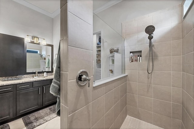 10347 Coastal Shores Dr, Parrish, FL 34219 - full bathroom featuring crown molding, a walk in shower, and vanity