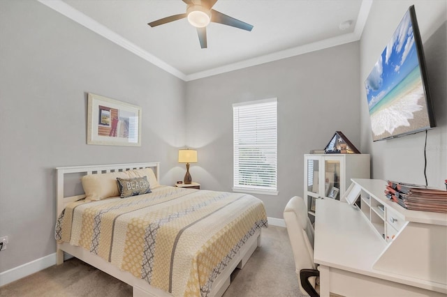 10347 Coastal Shores Dr, Parrish, FL 34219 - bedroom with light colored carpet, crown molding, a ceiling fan, and an office area