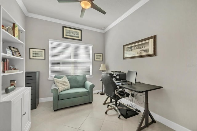 10347 Coastal Shores Dr, Parrish, FL 34219 - office area featuring ceiling fan, ornamental molding, and light tile patterned floors